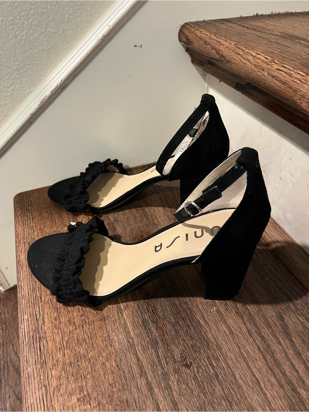 Unisa Black Ruffled Ankle-Strap Block Heels - Picture 3 of 5